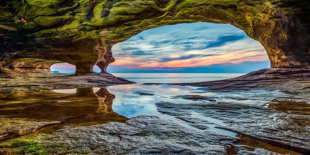 12x6ft Ocean Backdrop Summer Tunnel Mountain Sunset Blue Lake Water Moss Seaside Scenery Luau Photography Background Party Holiday Birthday Wedding Studio Photo Props Polyester