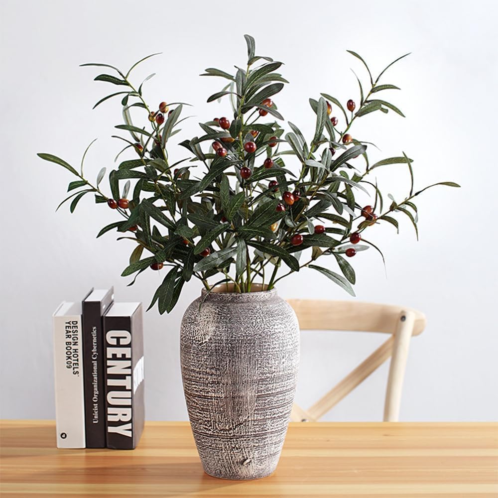 3pcs Artificial Plants Greenery Olive Branches Stems Fake Plants Green Leaves Fruits Branch Leaves for Home Office ndoor Outside DIY-Wreath Decor 27-Inch (3)