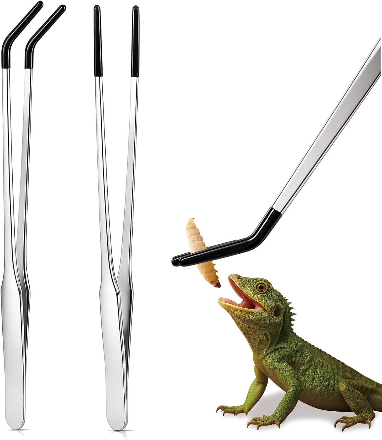 2 Pack Extra Long Stainless Steel Reptile Feeding Tongs with Rubber Tip - 10.6" Straight And Curved Long Tweezers for Aquariums, Feeder for Beard Dragons, Lizard and Snakes (Silver)