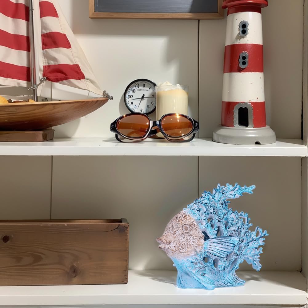 Coastal Angelfish Figurine – 7.3in Turquoise Coral Reef Fish Statue, Nautical Ocean Decor for Bathroom, Living Room, Office, Shelf or Coffee Table – Beach House Gift Accent