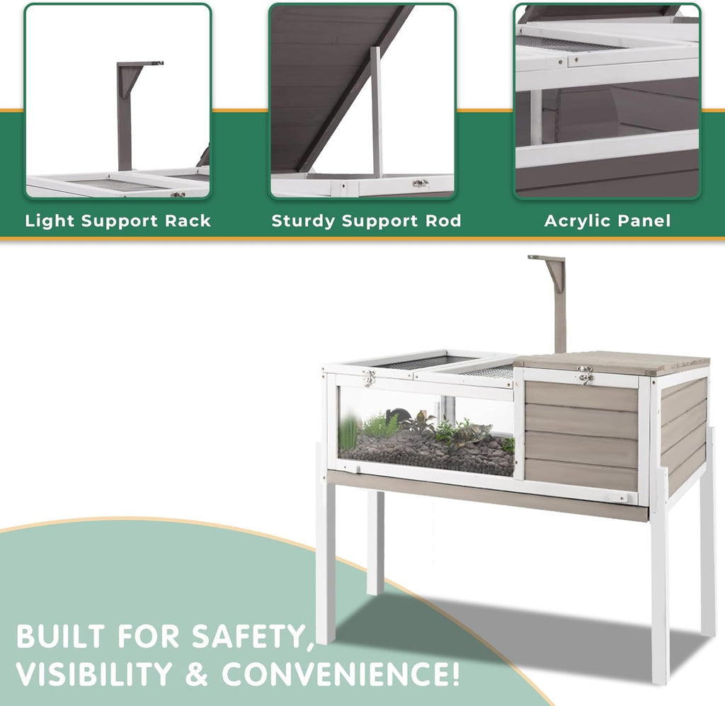 Tortoise Habitat Tank Indoor Outdoor, Wooden Tortoise House with Detachable Legs, 2-Room Reptile Turtle Enclosure Cage for Small Animals, Lamp Holder,Leakproof Tray, Grey