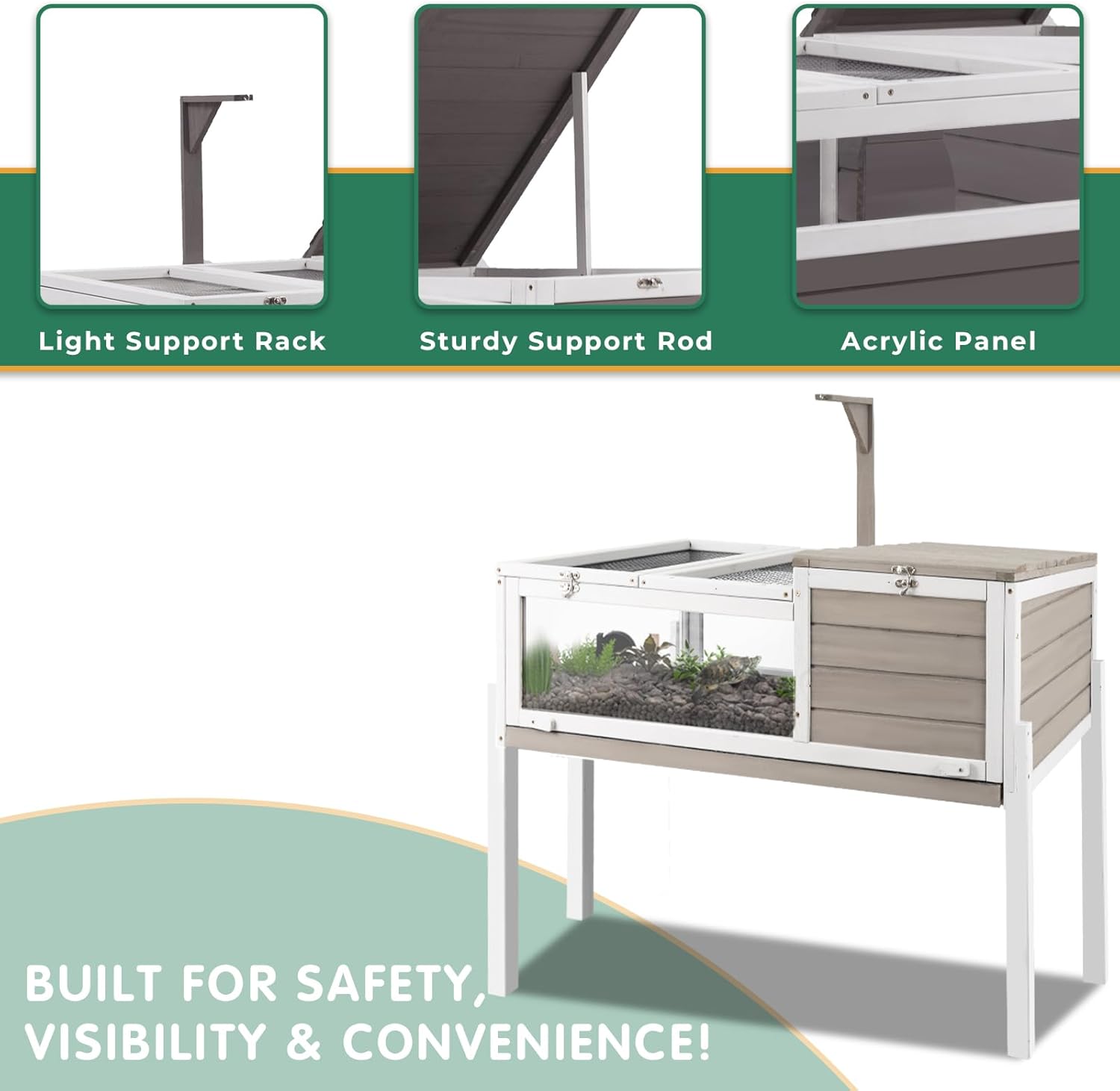 Tortoise Habitat Tank Indoor Outdoor, Wooden Tortoise House with Detachable Legs, 2-Room Reptile Turtle Enclosure Cage for Small Animals, Lamp Holder,Leakproof Tray, Grey