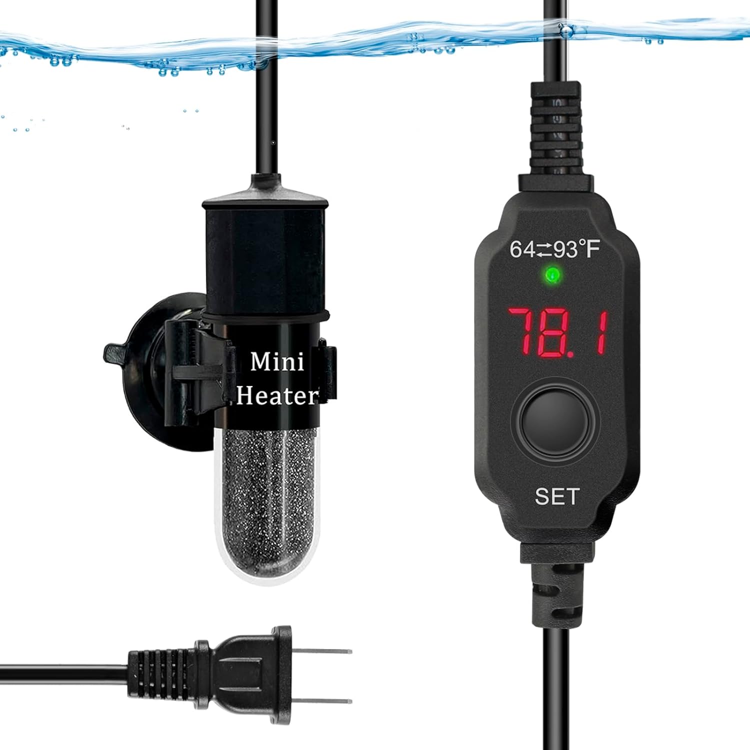Mini Submersible Aquarium Heater, 25/30/50/100/150/200 Watts Adjustable Fish Tank Heater, Built-in Thermometer, External Temperature Controller, Smart Memory, Used for 1-60 Gallons (30W Plug)
