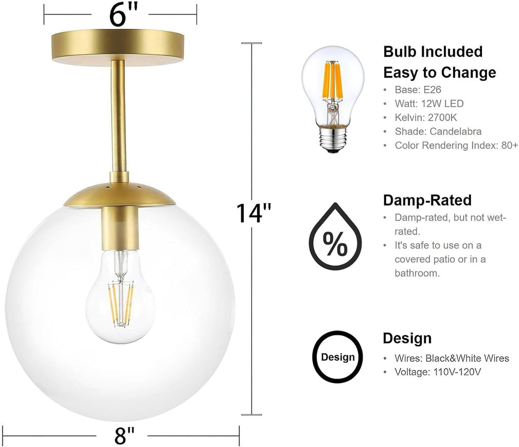 Gold Semi Flush Mount Ceiling Light Globe Ceiling Light Brass Finish with Clear Glass Shade, Contemporary Mid Century Modern Style Lighting for Hallway Living Room Bedroom Storage Kitchen (Bulb Incl.)