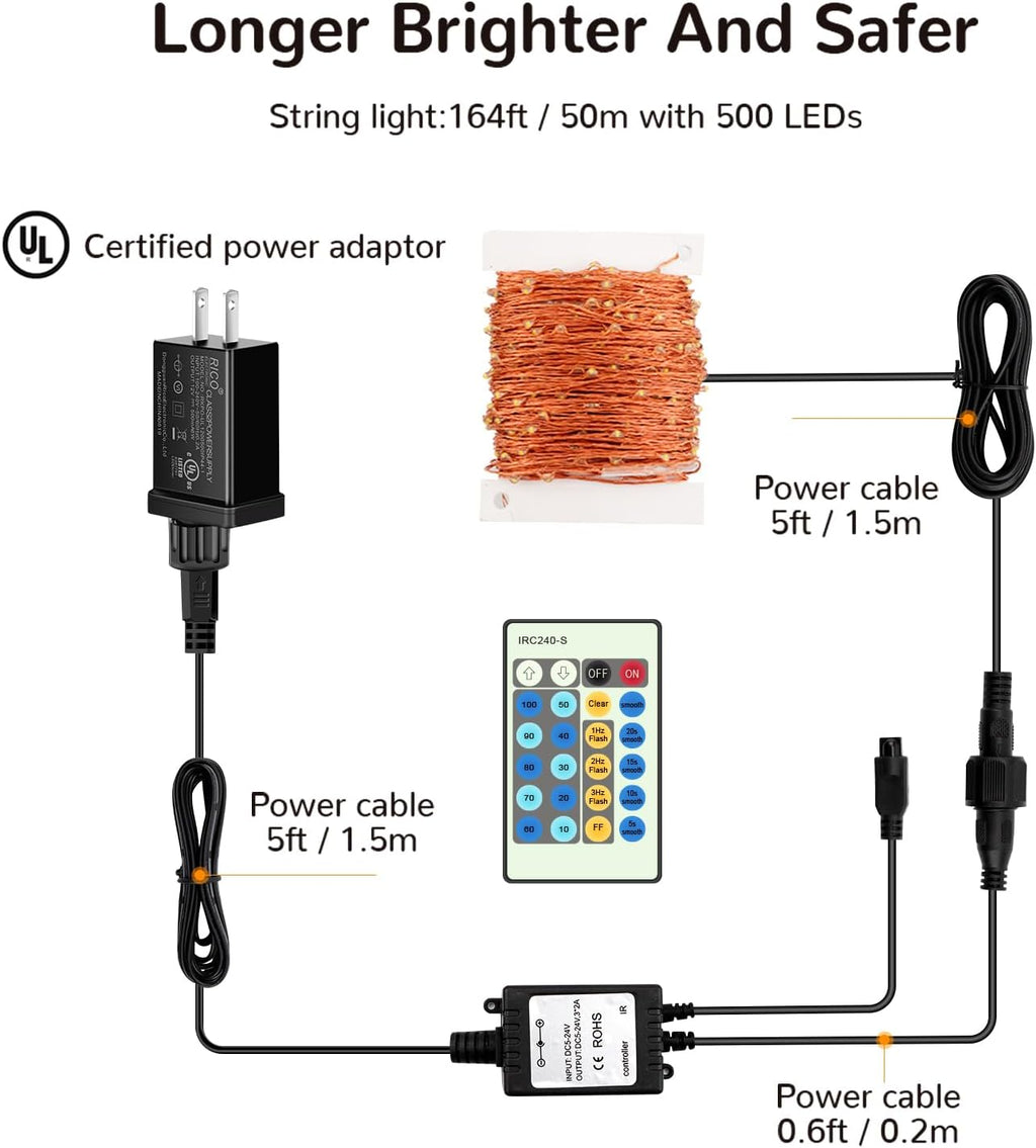 Moobibear LED String Lights, 164ft 500 LED Fairy Lights Plug in, Dimmable Outdoor Tree Lights, UL-Listed Warm White Copper String Lights Remote Control for Wedding Christmas Decor