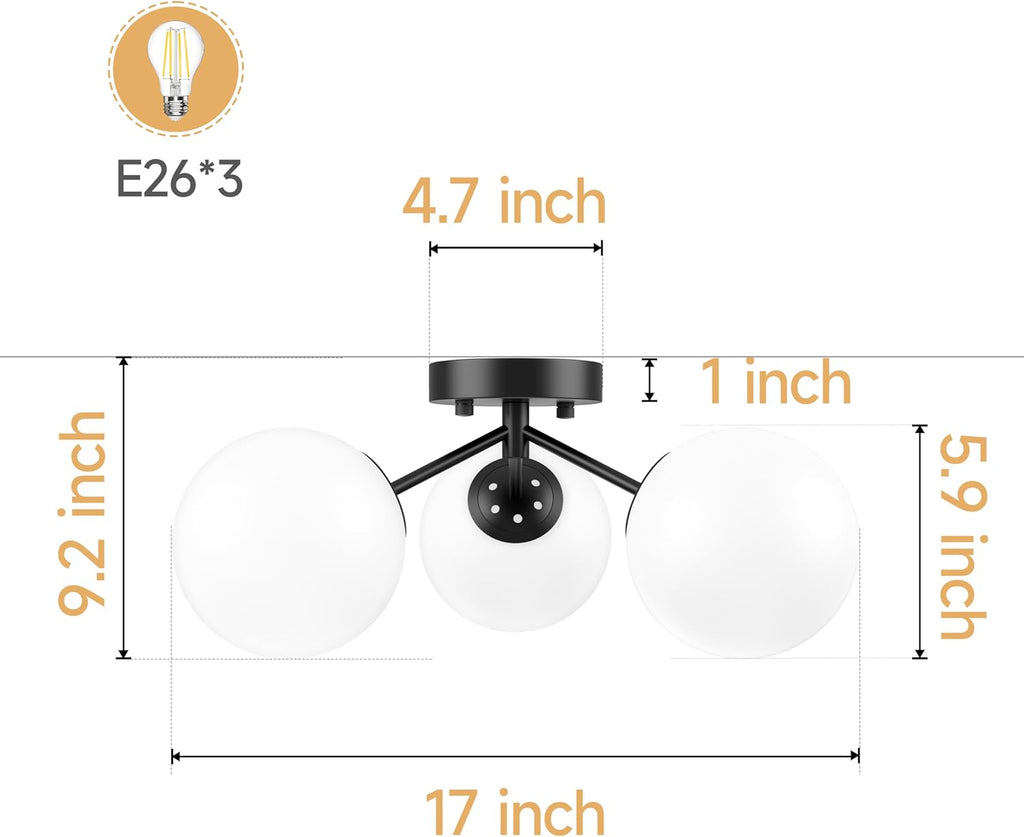 Maxax 17" Black Ceiling Light, 3 Lights Modern Flush Mount Fixture with Opal Milk Glass Globe, Mid Century Brass Semi Chandelier, Sputnik Ceiling Lamp for Living Room, Dining Room, Bedroom, Entryway