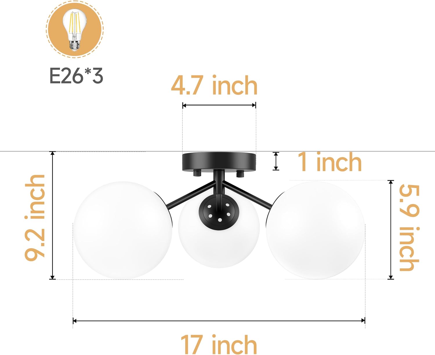 Maxax 17" Black Ceiling Light, 3 Lights Modern Flush Mount Fixture with Opal Milk Glass Globe, Mid Century Brass Semi Chandelier, Sputnik Ceiling Lamp for Living Room, Dining Room, Bedroom, Entryway