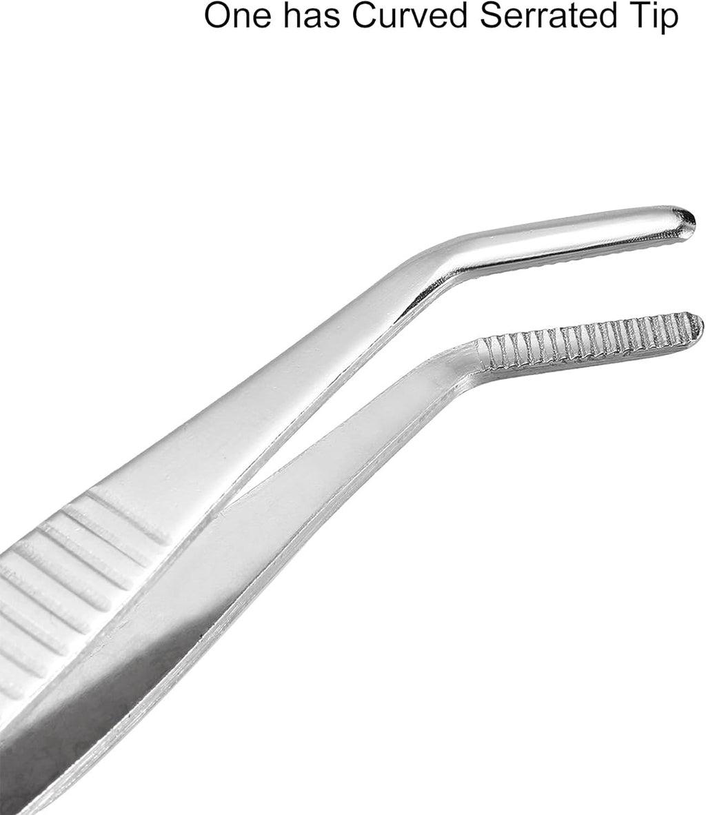 5 Inch Stainless Steel Tweezers with Straight and Curved Serrated Tip Multipurpose Forceps for Craft Repairing 2 Pack