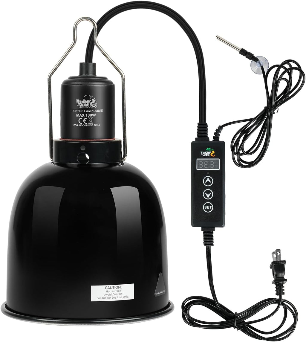 LUCKY HERP Reptile Light Fixture with Dimming Thermostat & Timer, Aluminum 5.5inch Deep Dome Reptile Lamp Fixture, Heat Lamp Fixture for UVB Bulb Basking Heat Bulb, Max 100W