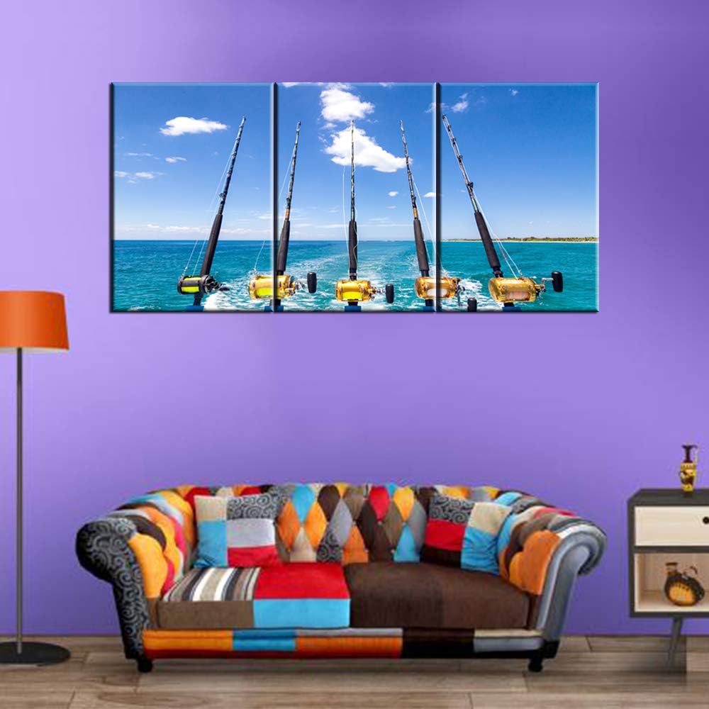 Fishing Pictures Fishing Rod Painting for Living Room Kitchen Fish Decor for Home Ocean/Seascape Wall Art 3 Pieces Big Game Artwork Framed Gallery-Wrapped Ready to Hang Man Cave Gift(42''Wx20''H)