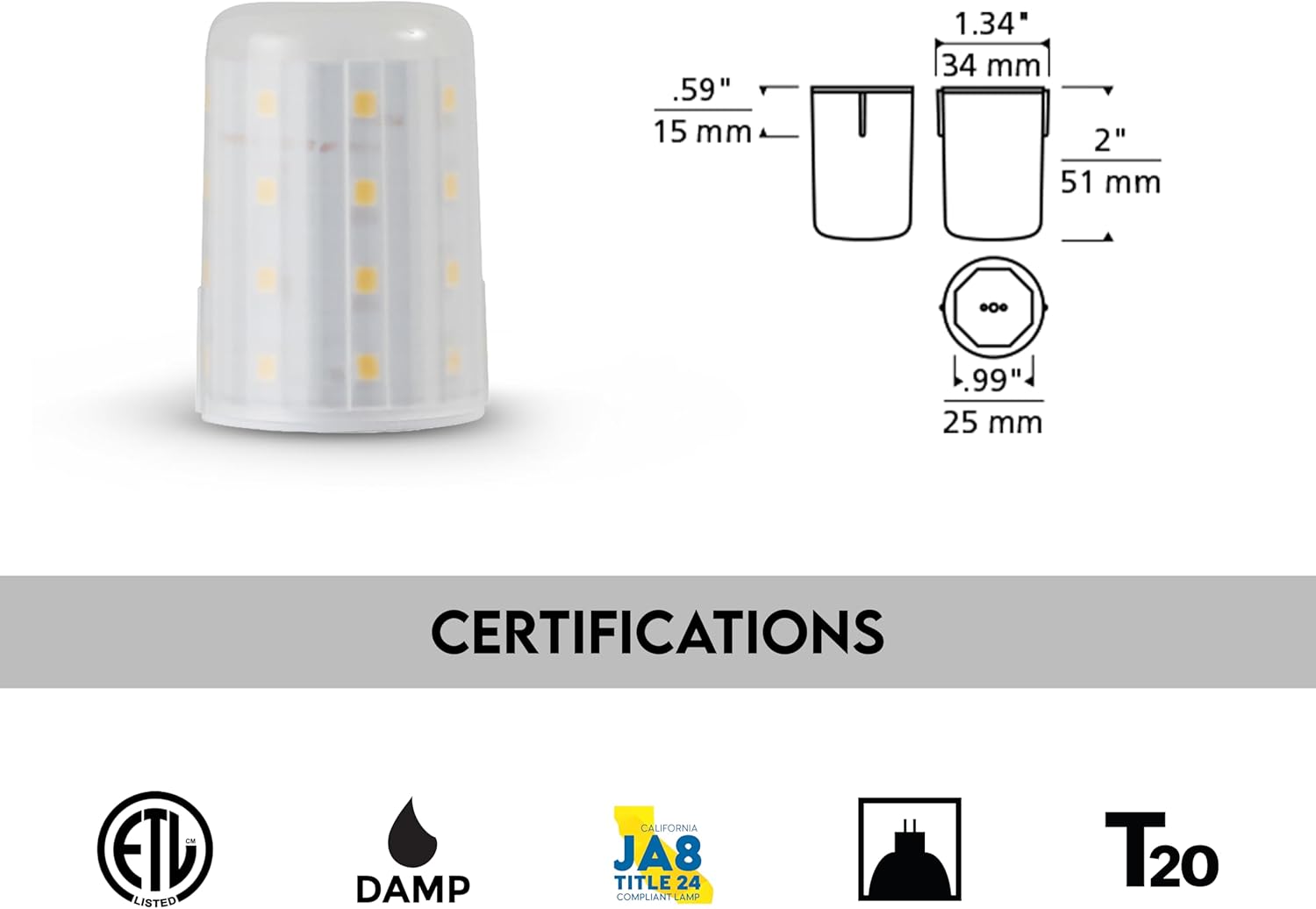 Tech Lighting LED Bi-Pin Replacement Module, Dimmable LED, 3000K, 550 Lumens, Easy to Install, Long Lasting, Energy-Saving, Damp Rated, GY 6.35 Socket (Short)