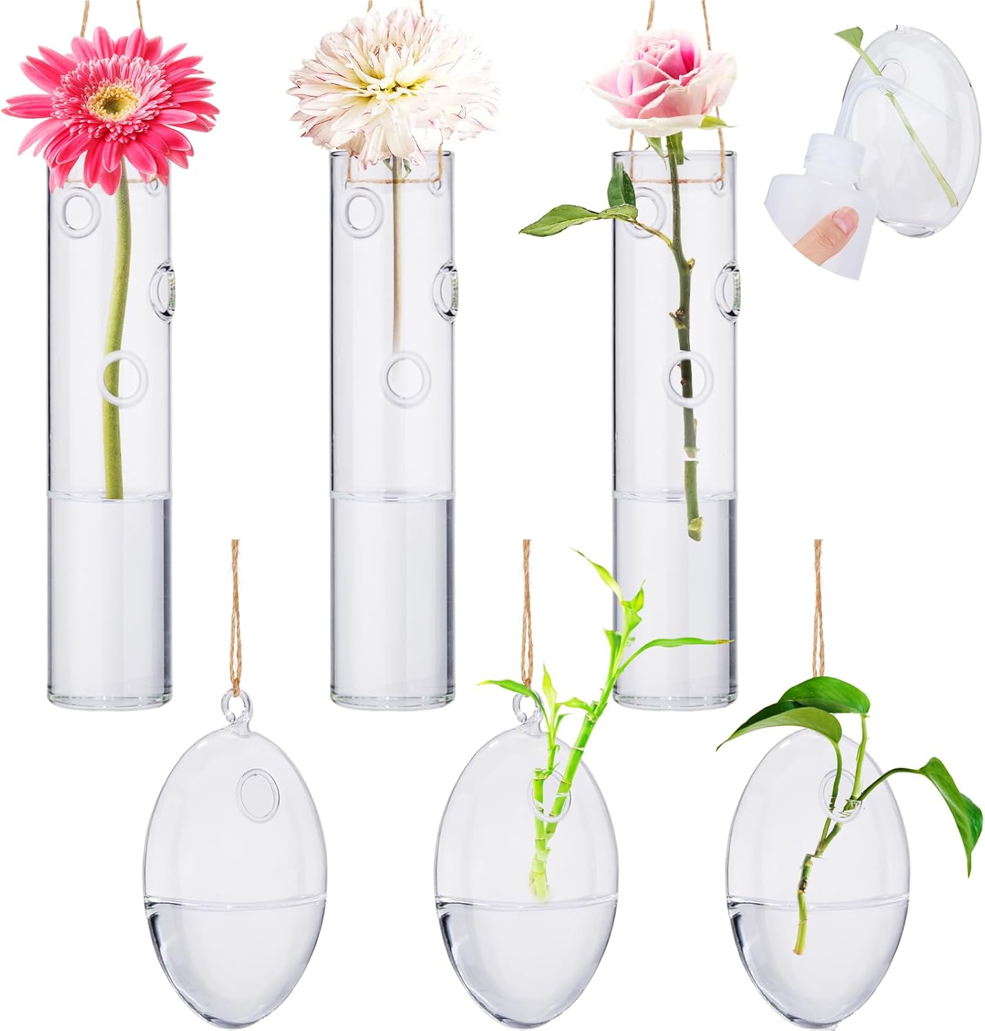 Zopeal 6 Sets Wall Hanging Glass Planter Greenhouse Terrarium Propagation Station Wall Vase Container Watering Squeeze Bottle with Rope and Hook for Hydroponic Plants Flower Home Decor (Elegant Style)