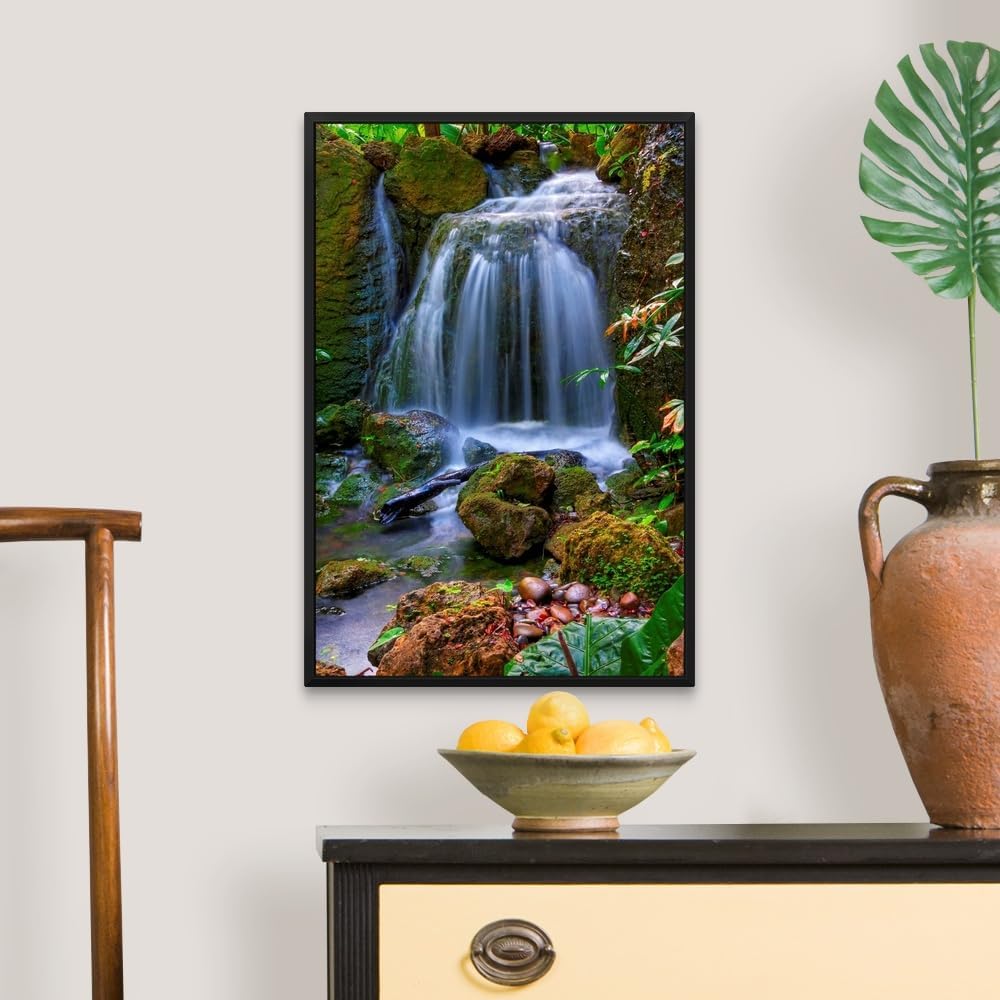 CANVAS ON DEMAND Waterfall in Tropical Rainforest of Fairchild Tropical Gardens, Black Float Framed Canvas Wall Art Print, Home Decor, Floral, Flowers, Nature Artwork, 16" x24in