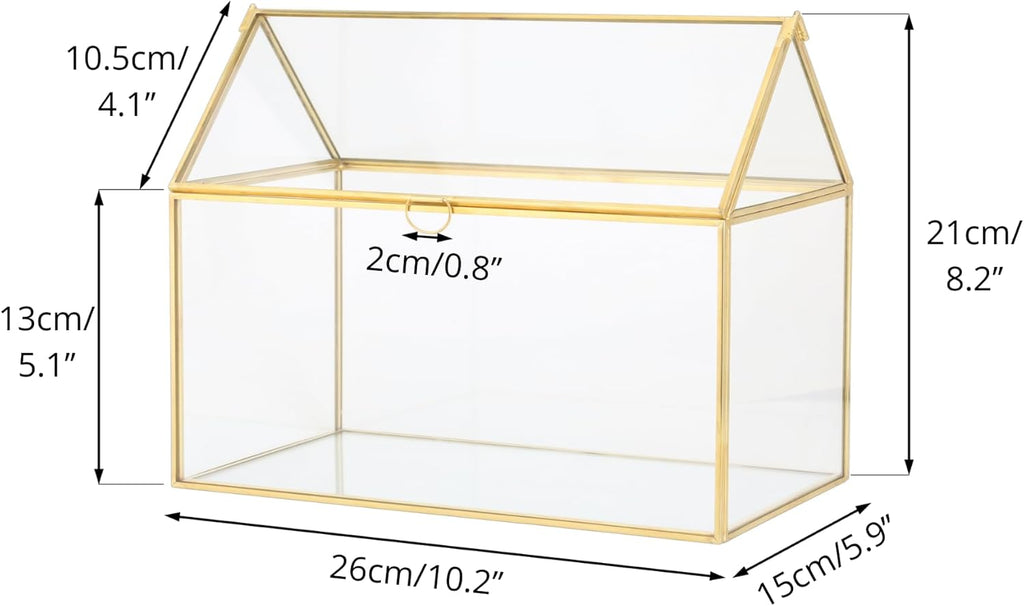NCYP Glass Card Box for Wedding Reception - 10.2" x 5.9" x 8.2" House Shape Clear Terrarium Planter, Home Party Tabletop Decor, Centerpiece, Gold (Glass Box Only)