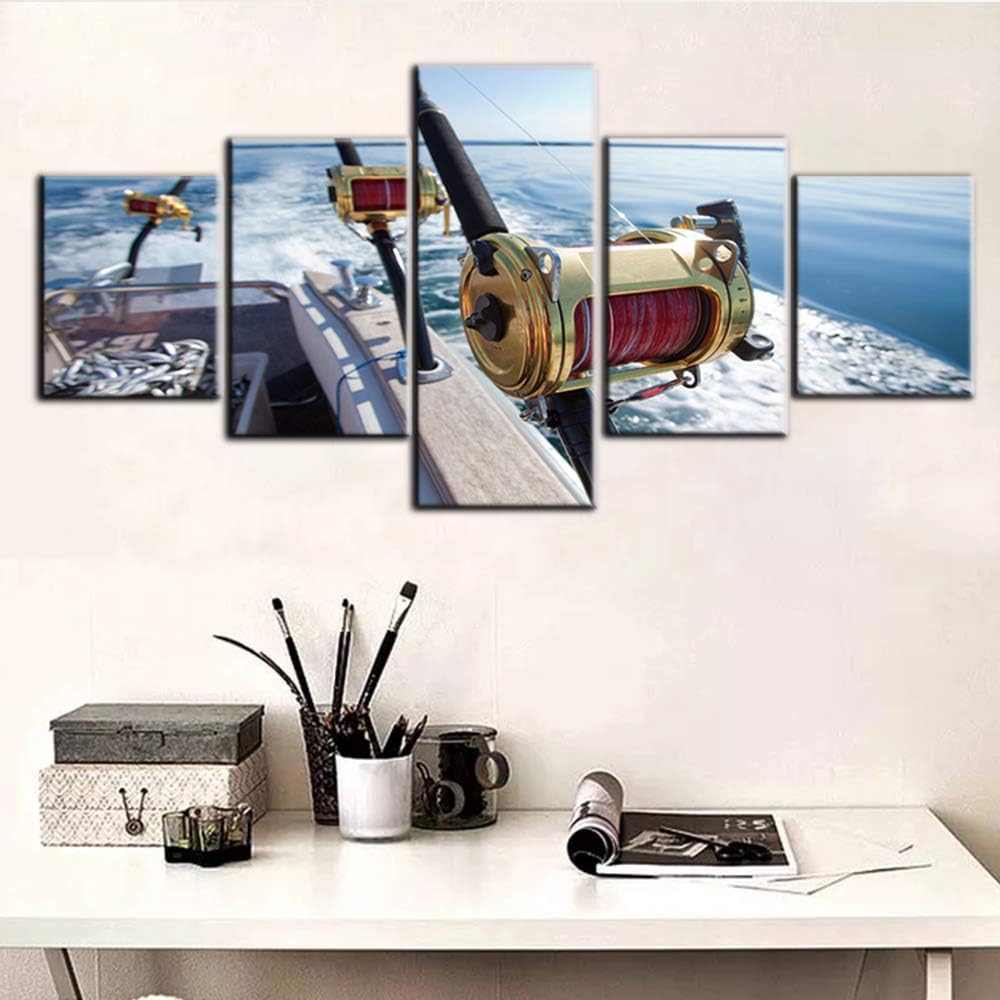 5 Piece Canvas Wall Art Fishing Reels and Rods Pictures for Living Room Premium Quality Angling Artwork White Sea Wave Paintings Bedroom House Decor Framed Gallery-Wrapped Ready to Hang(50''Wx24''H)
