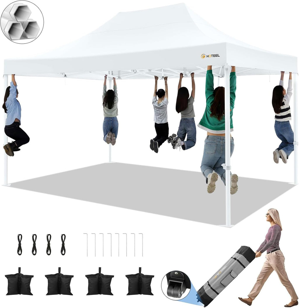 HOTEEL 10x15 Pop up Canopy Tent for Parties, Heavy Duty Easy Setup Tent Without Sidewalls, Outdoor Commercial Instant Gazebo for Wedding Event, with Roller Bag & Sand Bags, White(Hexagonal Frame)
