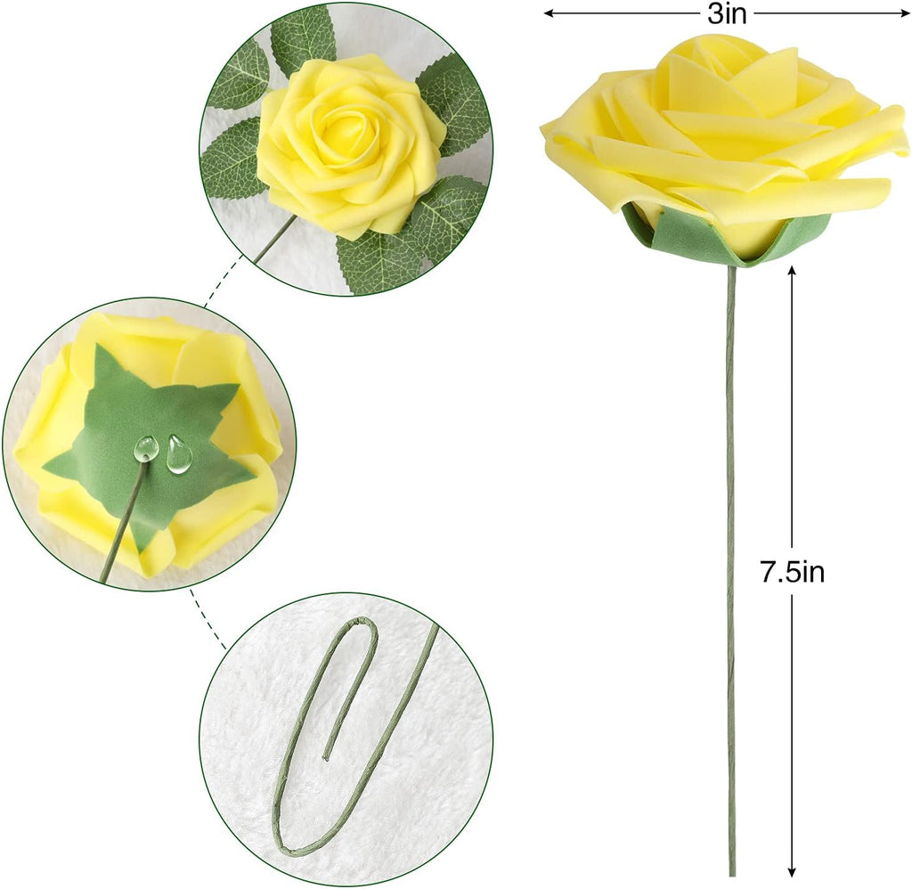 AmyHomie Artificial Flower Yellow Rose 25pcs Real Looking Fake Roses w/Stem for DIY Wedding Bouquets Centerpieces Arrangements Party Baby Shower Valentines Day Christmas Tree Decorations