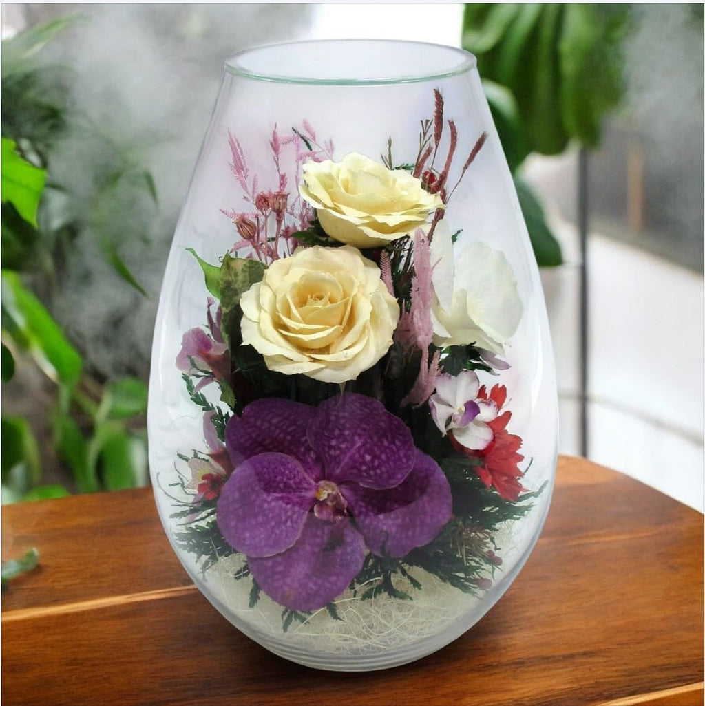 Fiora Flower | Preserved Roses & Floral Arrangement in Sealed Glass Vase | Lasts up to 5 Years | Elegant Gift for Weddings, Birthdays, and Anniversaries (Lush)