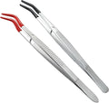 2 Pack Curved Tweezers, Silicone Rubber Bent Tip PVC Coated Soft Tip Tweezers, Non Marring Stainless Steel Tools for Jewelry Crafts/Electronics