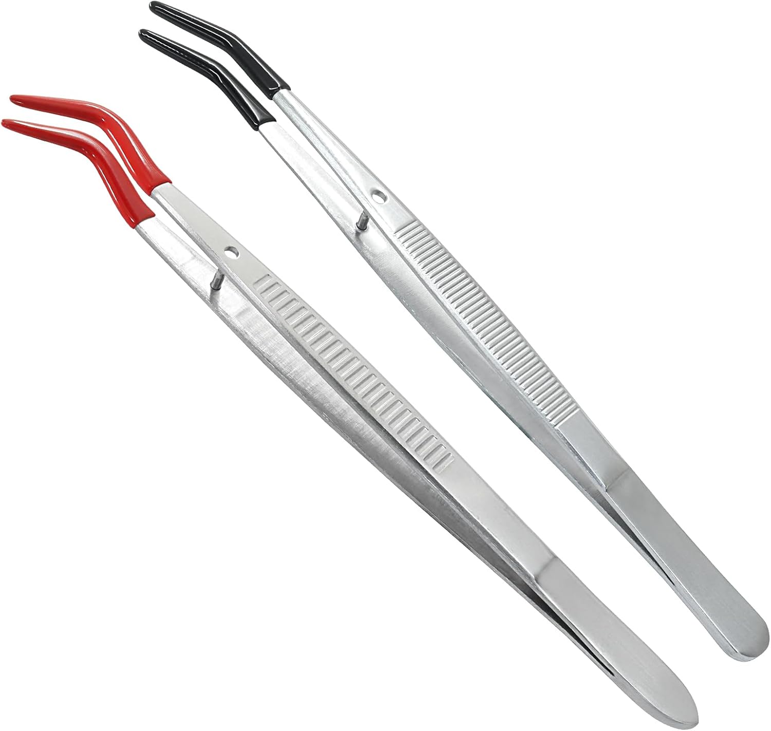 2 Pack Curved Tweezers, Silicone Rubber Bent Tip PVC Coated Soft Tip Tweezers, Non Marring Stainless Steel Tools for Jewelry Crafts/Electronics