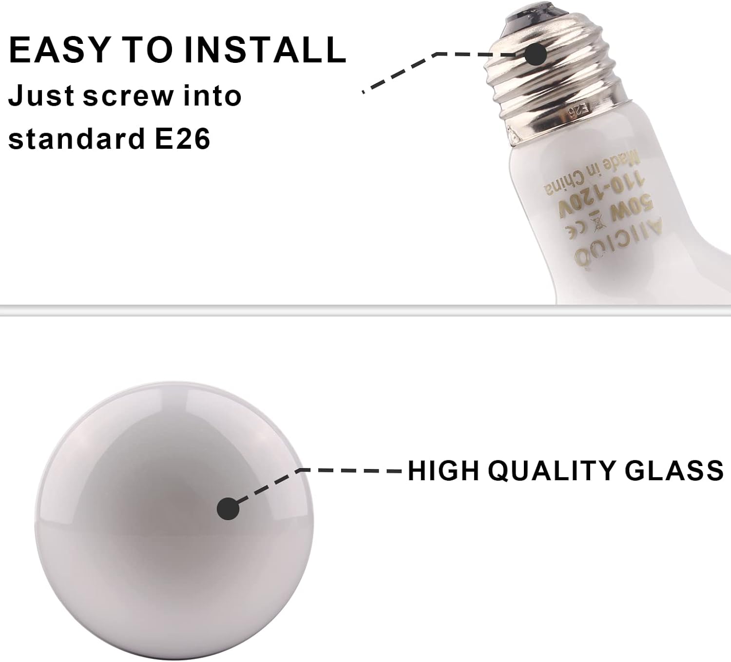 Aiicioo Reptile Basking Light Bulb - 50W Reptile Heat Lamp 2 Pack UVA Daylight Amphibians Basking Bulb for Bearded Dragon Turtle Hermit Crab Gecko Lizard Daylight