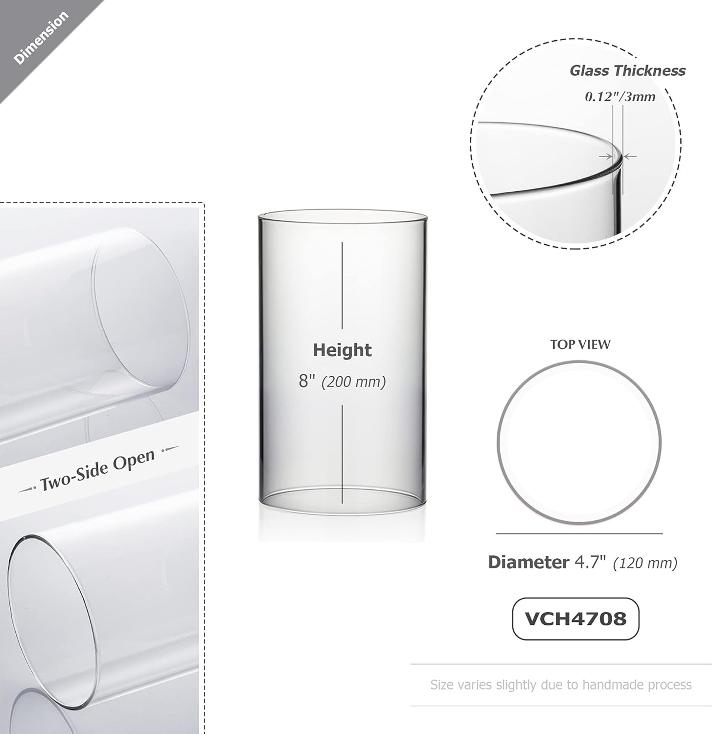 WGVI Hurricane Candle Holder Sleeve, Wide 4.7", Height 8", Clear Glass Cylinder Candleholder, Chimney Tube, Open Ended Candle Shade, 12 Pieces Bulk