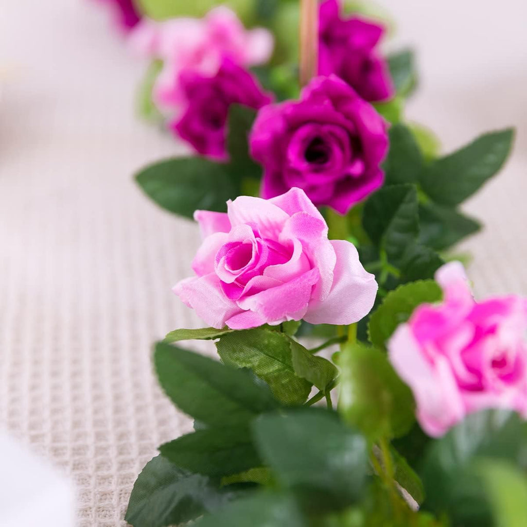 Kisflower 3PCS/23.7FT Artificial Rose Flower Garland, Fake Vines Silk Floral Hanging Plant for Wedding Arch Decorations Room Party Home Garden Hotel Office Wall Decor (Fuchsia)