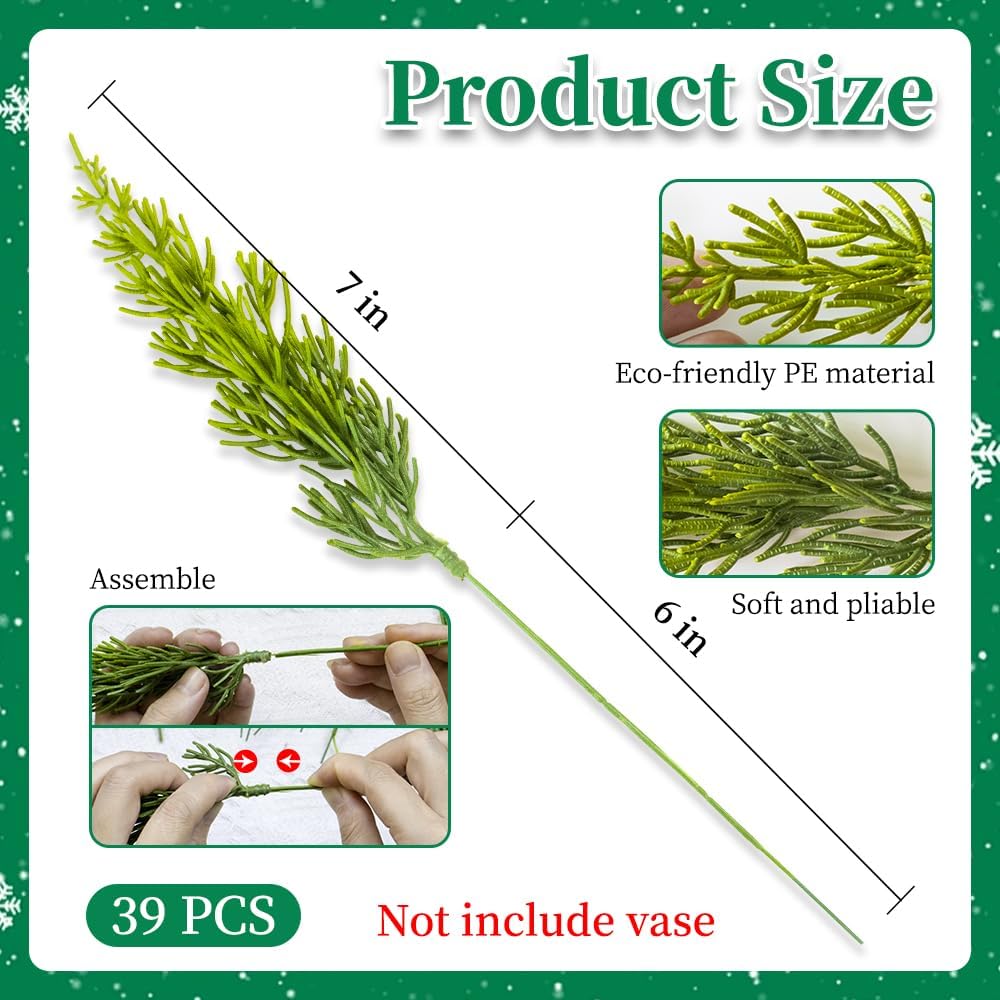 45 Pcs Christmas Artificial Pine Branches with Red Berry Stems 13" Faux Evergreen Norfolk Pine Cypress Leaves Stems Fake Foliage Pine Needles Picks for DIY Craft Garland Indoor Home Decor
