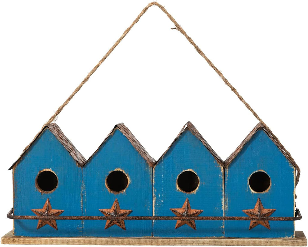 Glitzhome 17" L Retro Blue Distressed Solid Wood Birdhouse with Perch Garden Hanging Bird House for Outdoors