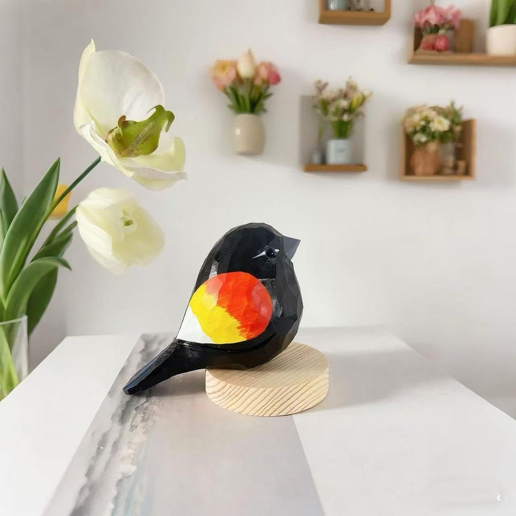 Hand-Carved Red-Winged Blackbird Figurines – Hand-Painted Wooden Bird Sculptures, Decorative Wood Bird Statues for Home & Office Décor, Gifts for Bird Lovers