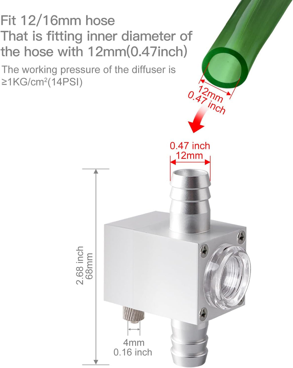 External Inline CO2 Diffuser Atomizer Aluminum Alloy for Planted Aquarium 12 mm