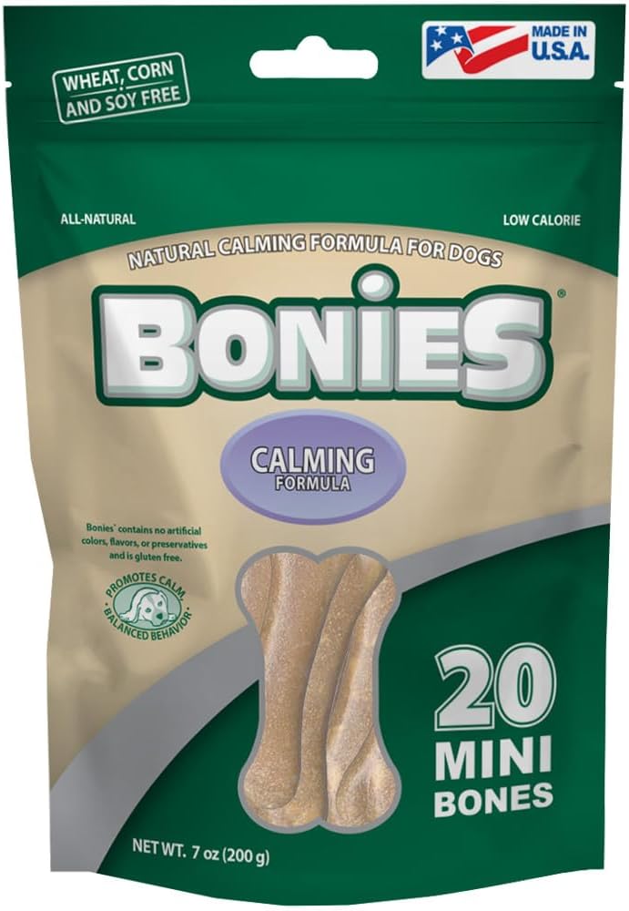 Bonies Natural Calming Formula Minis-Sized Bone - Contains Chamomile & Lavender, Help Anxiety, Excessive Barking & Trembling, Chicken Flavor, MINI Dog, 20 Bones