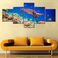 Sea Turtle Art Hawksbill Turtle Pictures Aquatic Sealife Paintings 5 Panel Canvas Wall Art Underwater World Artwork House Decor Living Room Wooden Framed Ready to Hang Poster and Prints(50''Wx24''H)