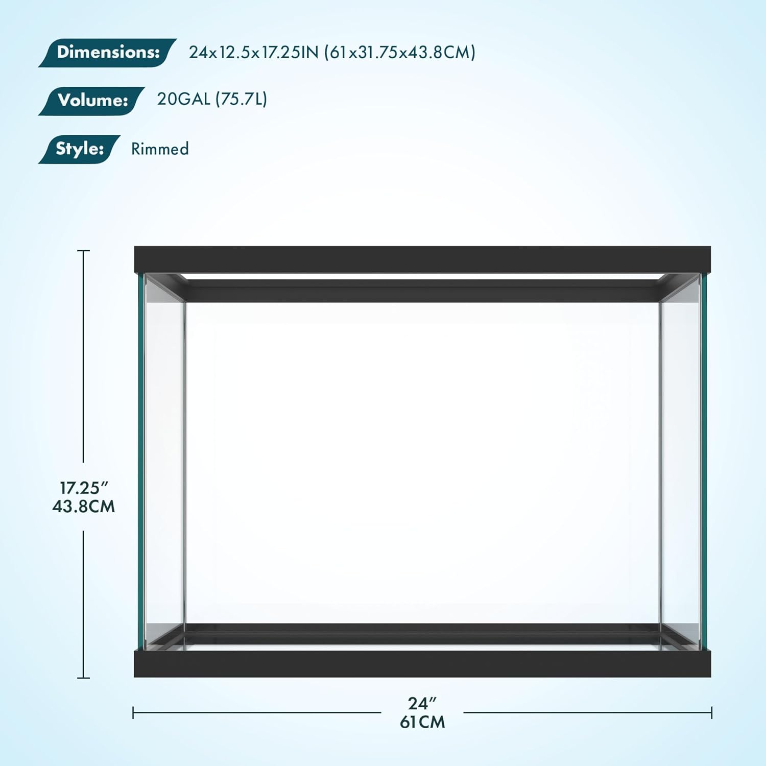 SubstrateSource 20 Gallon Glass Aquarium - 24 x 12.5 x 17.25 in - Large Clear Rectangular Rimmed Freshwater/Saltwater Fish Tank for Betta, Goldfish, Guppy, Shrimp for Home or Office Aquascaping