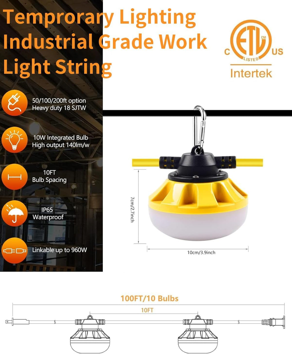 100FT LED Construction String Lights 10 Bulbs,10000LM,Industrial Grade,Weatherproof, Linkable 5000K Super Bright for Job Sites, Mining, Patios & Outdoor Work,Free for Climbing Hook 2Prong