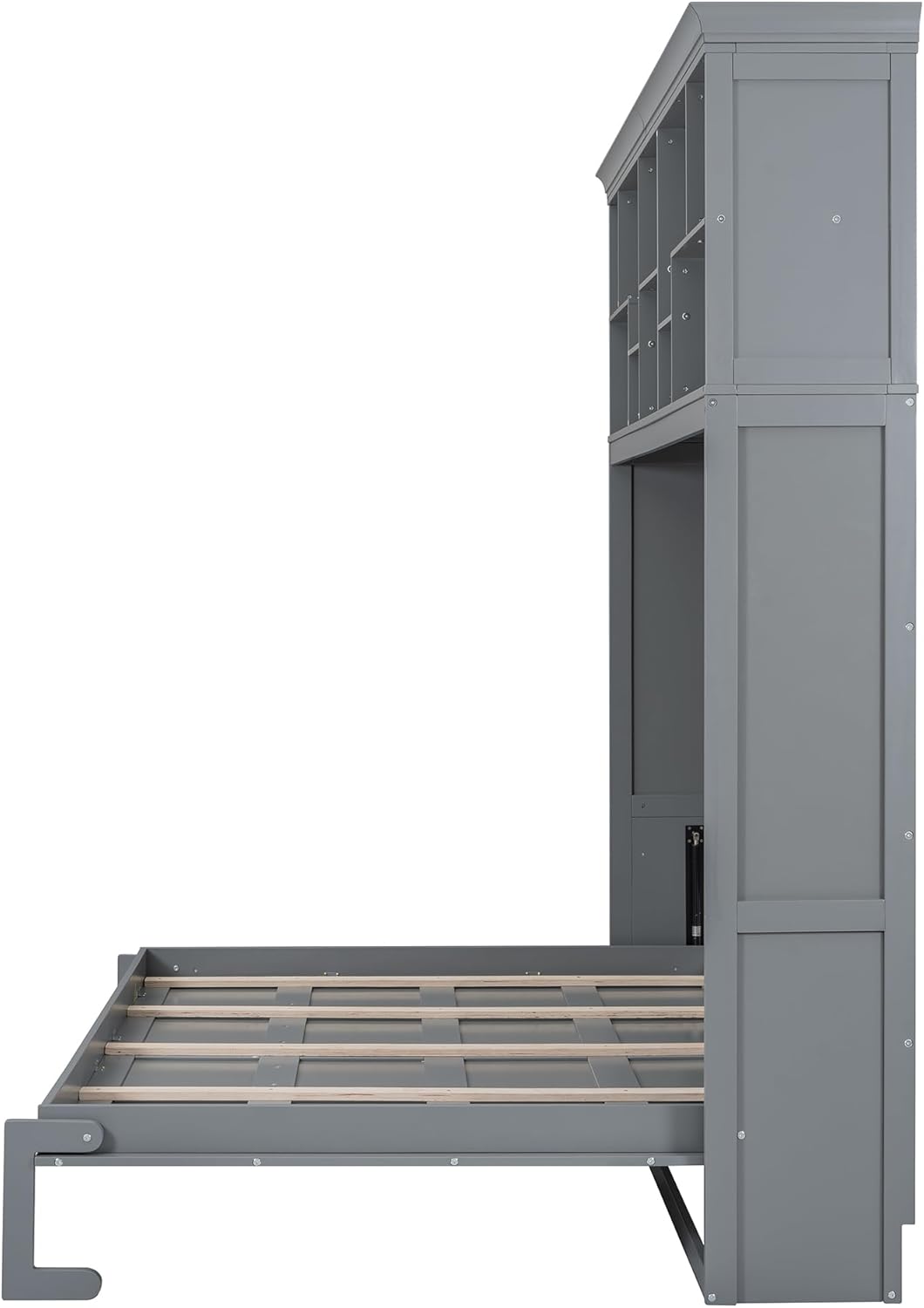Merax Farmhouse Solid Wood Murphy Bed Chest with Top Shelves & USB Charging, Storage Wall Platform Bed with Wood Slat Support/Space Saving Queen,Gray