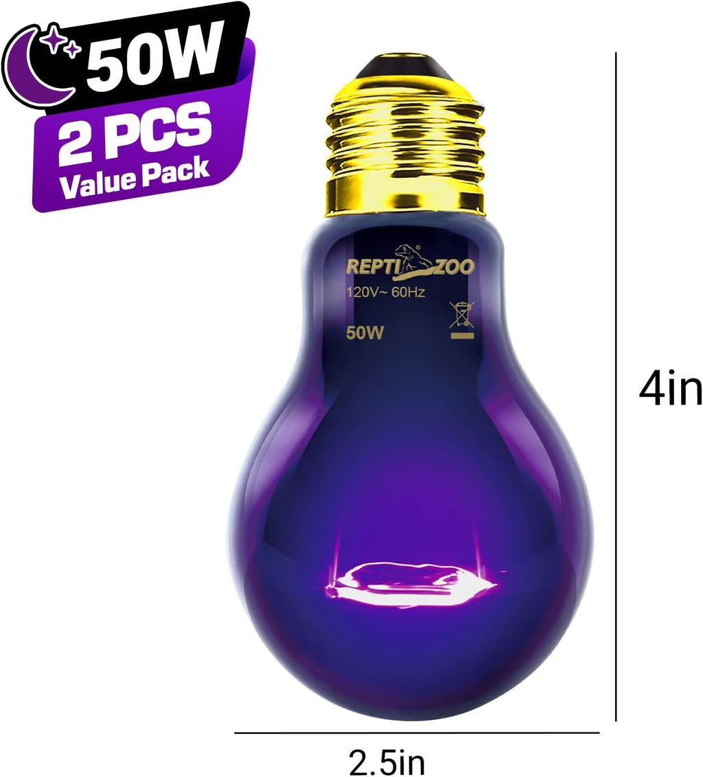 REPTI ZOO 2PCS Reptile Night Heat Lamp, 50W Moonlight Heat Bulb Infrared Heating Light Purple Reptile Heat Lamp Night Bulb for Bearded Dragon, Lizard, Snake, Turtle