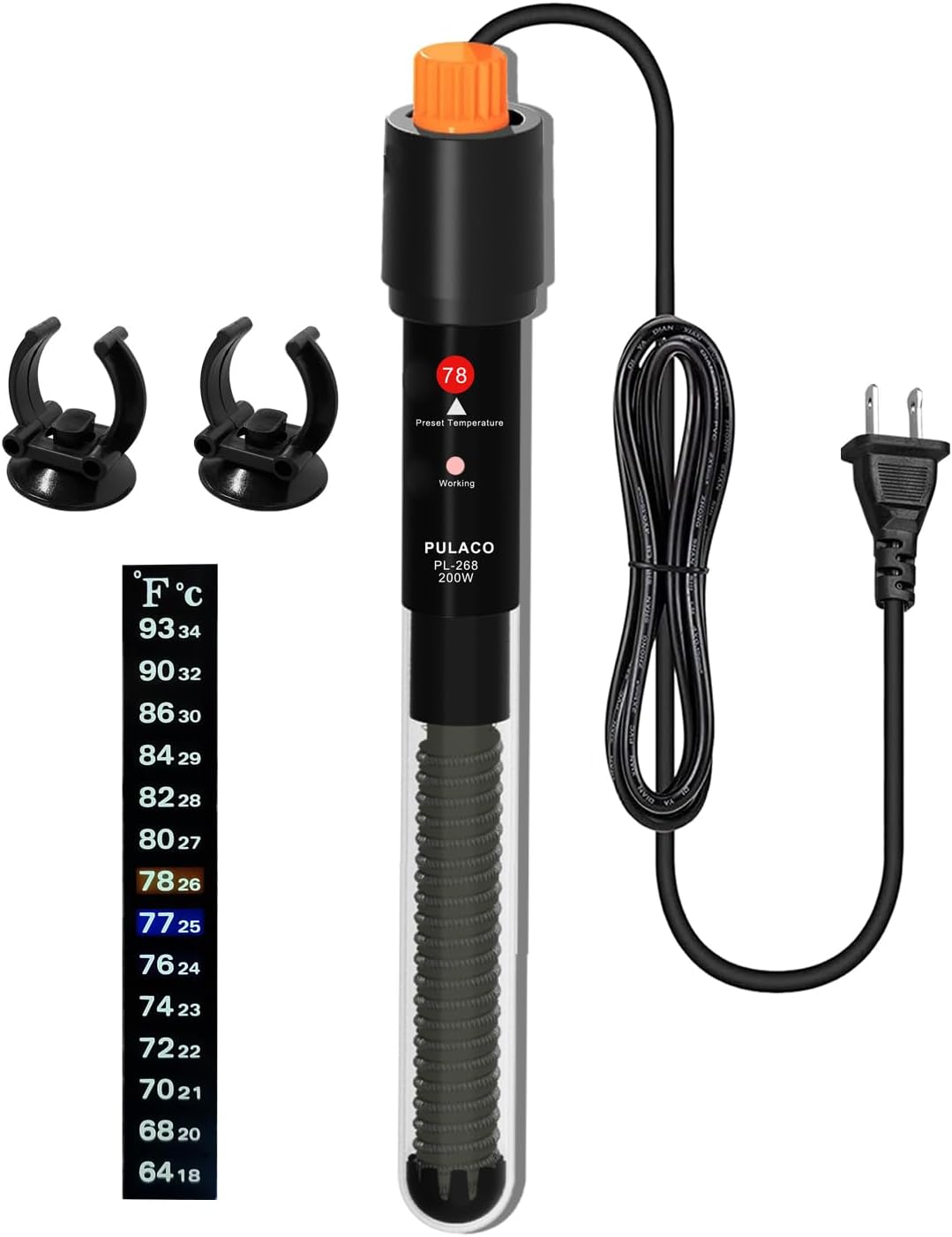 PULACO 200Watt Aquarium Heater for 20-40 Gallon Fish Tank, Adjustable Submersible Heater Thermostat with Thermometer Strip and Suction Cup