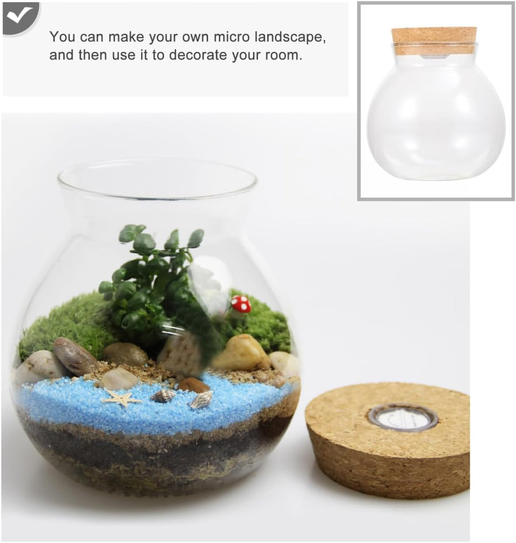 NUOBESTY Round Glass Jars with Cork Lid, Small Glass Cork Bottles with Led Light, Plant Terrarium Display Bottles for Diy, Kitchen Storage Candy Jar for Tea Biscuits Cereals Flour Beans