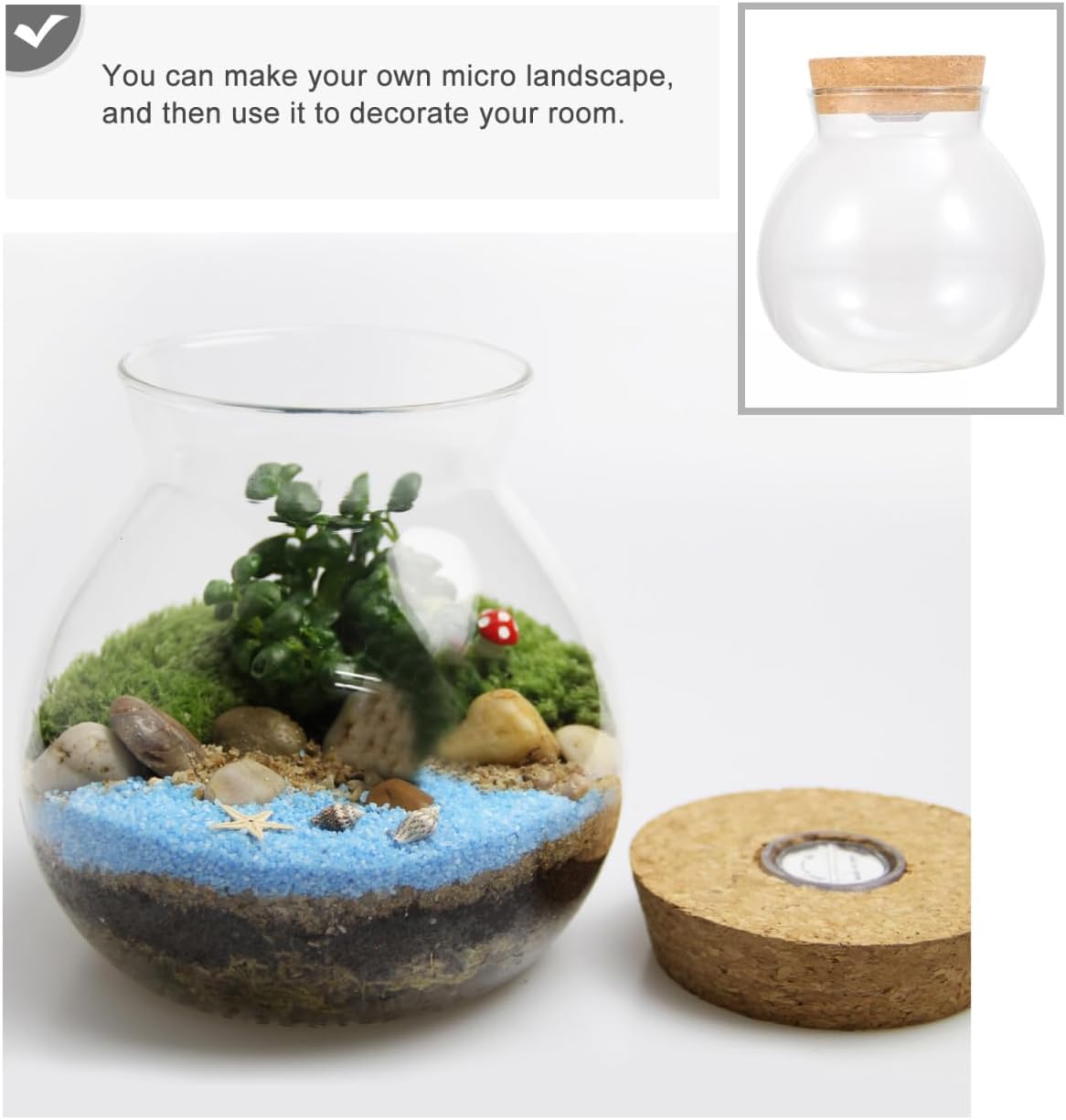 NUOBESTY Round Glass Jars with Cork Lid, Small Glass Cork Bottles with Led Light, Plant Terrarium Display Bottles for Diy, Kitchen Storage Candy Jar for Tea Biscuits Cereals Flour Beans