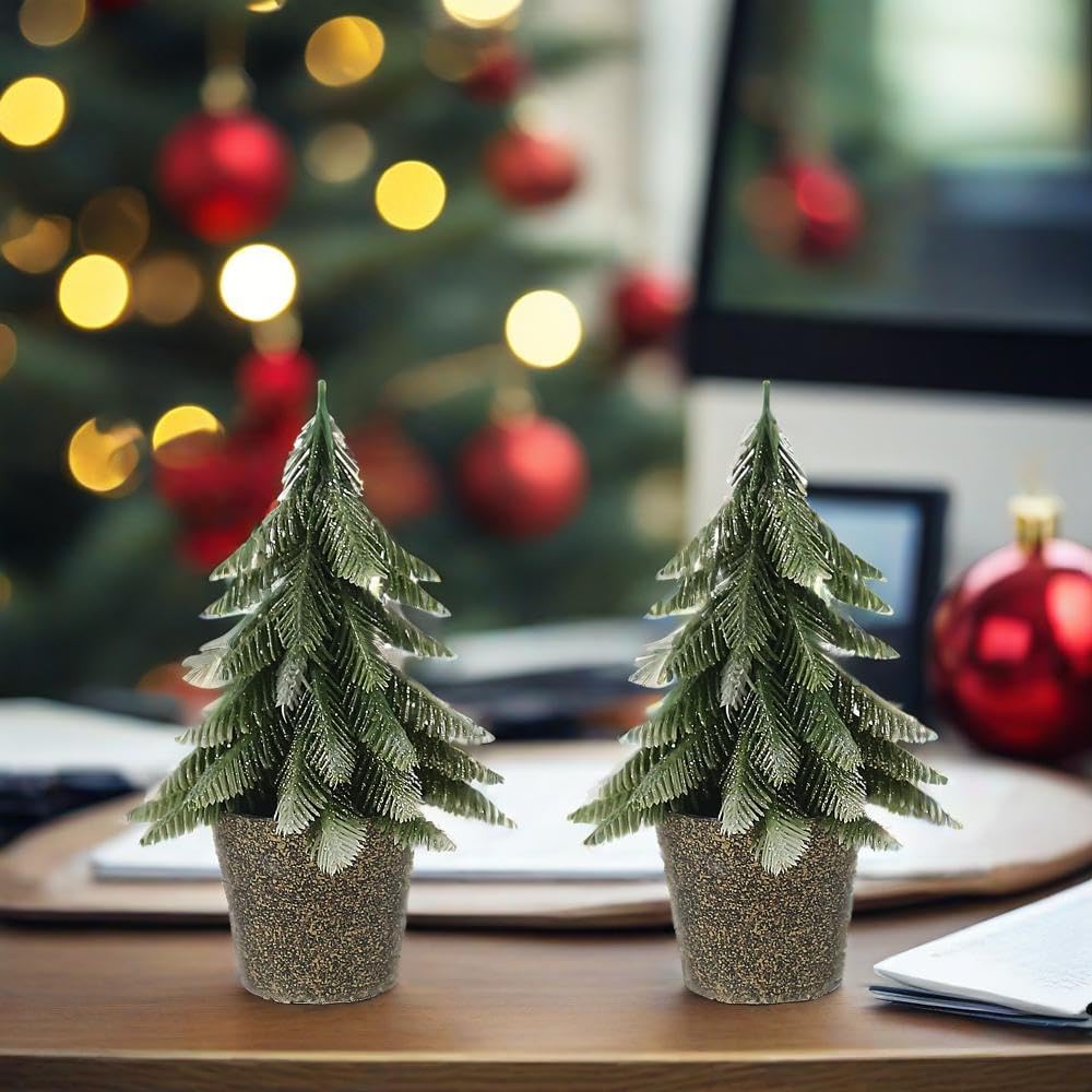 Mini Artificial Pine Trees in Decorative Pots, 2 Pack S Size Small Christmas Tree, Green Holiday Tabletop Christmas Trees Christmas Decorations for Bedroom Xmas Gifts (S)
