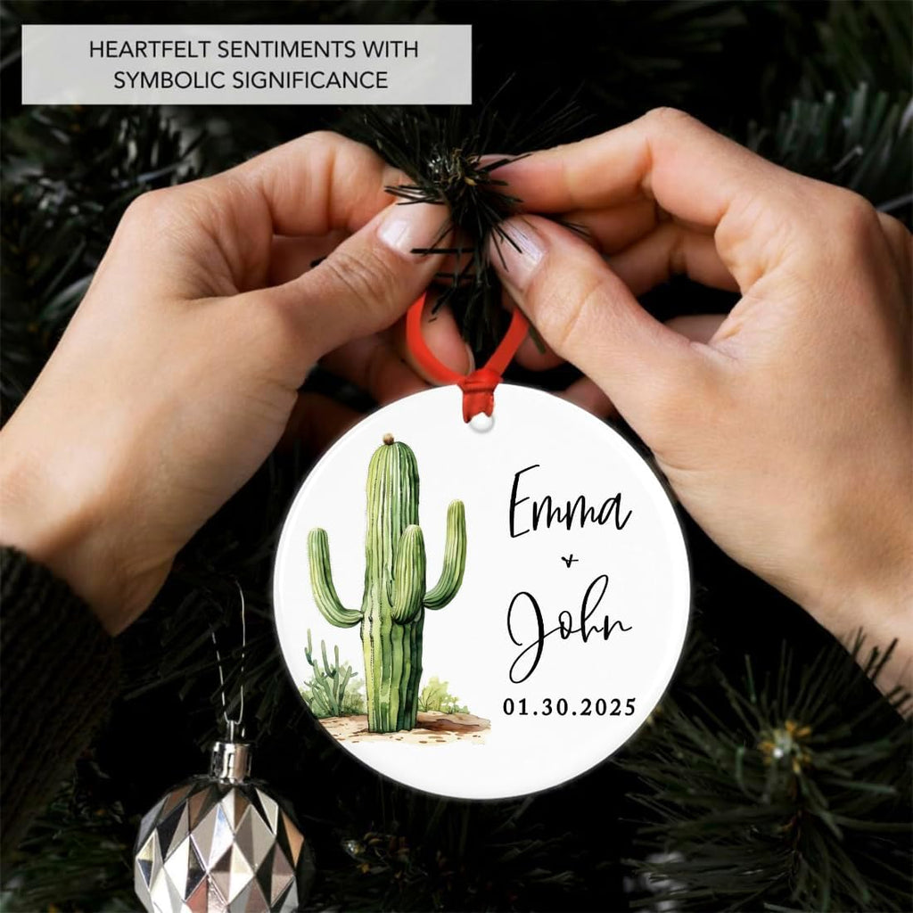 Andaz Press 2.8" Ceramic Porcelain Personalized Christmas Cactus Ornament, Saguaro Design, Custom Cactus Christmas Ornaments, Succulent Ornament Cactus Decor, Engagement, Wedding Gift for Couples