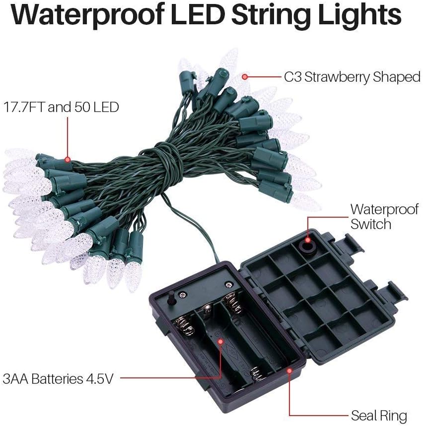 Battery Operated String Lights - 18ft 50 LED C3 String Lights Christmas Lights Battery Powered String Lights for Indoor Outdoor Christmas Tree Wreath Party Decoration, Waterproof, Warm White