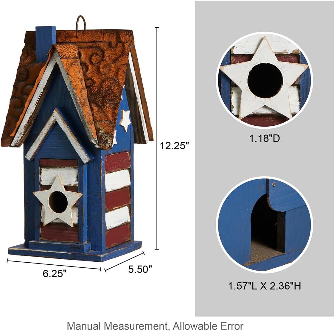 Glitzhome 12.25" H Patriotic Distressed Birdhouse for Outdoors, Solid Wood Villa Decorative Pet Cottage Outdoor Hanging Birdhouse with 3D Star for Garden Patio Backyard