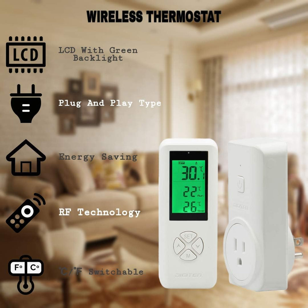 15A Wireless Temperature Controller, Digital Plug-in Thermostat Outlet with Remote Control, Support Heating & Cooling for A/C, Fans, and Heaters White