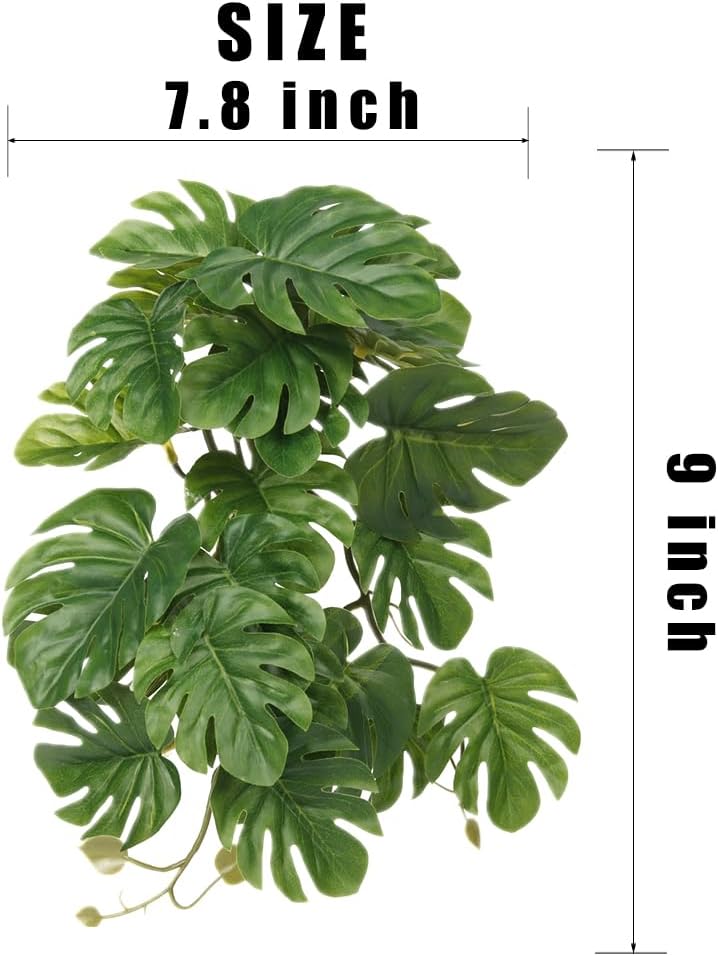 2Pack Reptile Fake Plants for Terrarium, Snake Tank Accessories, Habitat Decor Artificial Hanging Plants with Suction Cup - Fake Monstera