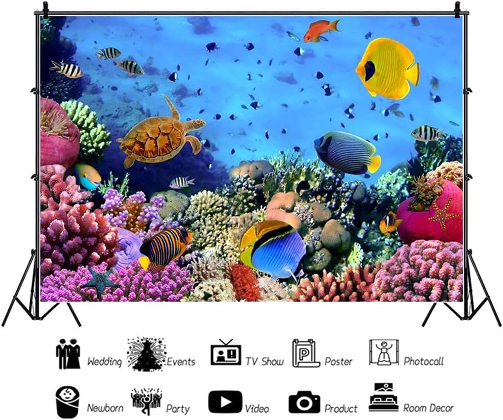 AOFOTO 8x6ft Underwater Ocean Coral Reef Backdrop Under The Sea Tropical Fish Sea Turtle Marine Life Photography Background Seabed World Nature Scene Aquarium Decor Kids Portrait Photo Shoot Props