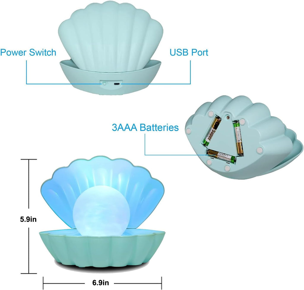 Shell Pearl Beach Themed Night Light, RGB 8 Colors Changing Mood Shell Pearl Lamps, Bedside LED Clamshell Portable Night Lights for Bar (Green)