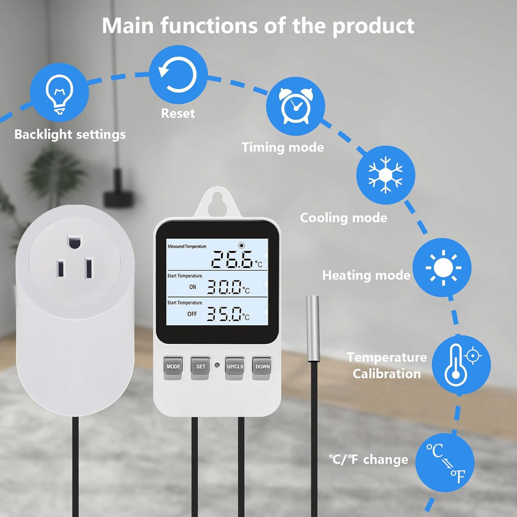 Temperature Controller Heating Cooling Mode Digital Thermostat 120V 15A Plug in Thermostat Controlled Outlet for Reptile Greenhouses Seedling Mat Incubation Terrarium