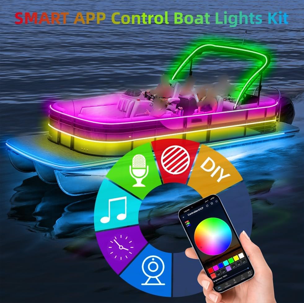 50FT Boat Lights Marine LED Strip Lights, IP66 Waterproof Pontoon Boat Light, 12V RGB Boat Interior Lights, Night Fishing Lights for Jon Boat, Bass Boat, Cabin, Deck, APP/RF Control
